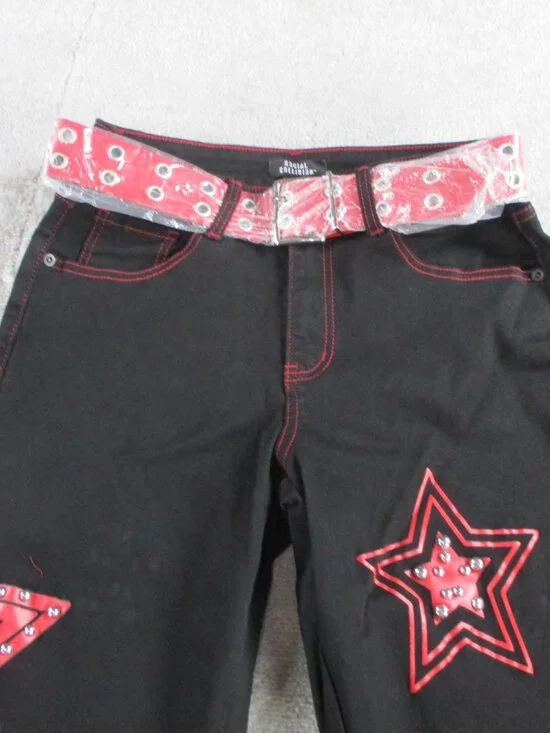 Social Collision Jeans Size 5 Red Star Studded Black Flare Belted Goth Y2K NWT - Picture 3 of 12